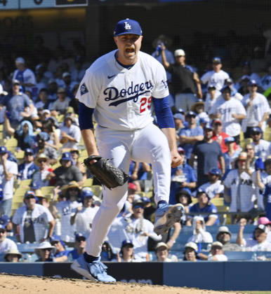 Los Angeles Dodgers starting pitcher Tarik Skubal reacts after recording the last out h in the fifth inning against the Atlanta Braves in game one of the National League Division Series at Dodger Stadium on Saturday, October 3, 2026 in Los Angeles, California.  LAP20261003801 JIMxRUYMEN