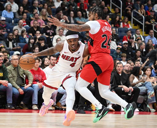 October 3, 2026, Quebec, On, Canada: Miami Heat s Ryan Conwell, left, drives at Toronto Raptors Chucky Hepburn during NBA, Basketball Herren, USA preseason basketball action in Quebec City, Saturday, Oct. 3, 2026. Canada News - October 3, 2026  - ZUMAc35_ 20261003_zaf_c35_131 Copyright: xJacquesxBoissinotx