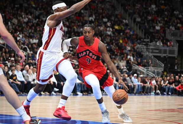 October 3, 2026, Quebec, On, Canada: Toronto Raptors; RJ Barrett, right, drives past Miami Heat s Bam Adebayo, left, during NBA, Basketball Herren, USA preseason basketball action in Quebec City, Saturday, Oct. 3, 2026. Canada News - October 3, 2026  - ZUMAc35_ 20261003_zaf_c35_146 Copyright: xJacquesxBoissinotx