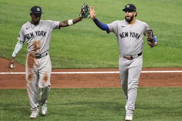 October 3, 2026, St. Petersburg, Florida, USA: New York Yankees infielders Jazz Chisholm Jr. (13) and Luis GarcoÂ­a Jr. (26) run to the dugout in the top of the third inning of game one of the ALDS for the 2026 MLB, Baseball Herren, USA Playoffs against the Tampa Bay Rays on October 3, 2026 at Tropicana Field. The Rays beat the Yankees 1-0. St. Petersburg USA - ZUMAh180 20261003_zsp_h180_057 Copyright: xKimxHukarix