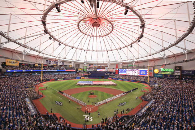 October 3, 2026, St. Petersburg, Florida, USA: A general image of the field during the National Anthem prior to game one of the ALDS for the 2026 MLB, Baseball Herren, USA Playoffs between the Tampa Bay Rays and the New York Yankees on October 3, 2026 at Tropicana Field. The Rays beat the Yankees 1-0. MLB 2026: ALDS Tampa Bay 1 : 0 New York Yankees - ZUMAh180 20261003_zsp_h180_069 Copyright: xKimxHukarix