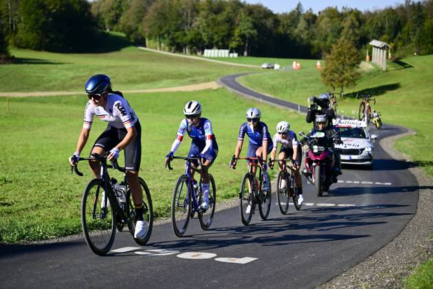 UEC 2026 Road European Championships Ljubljana 04 10 2026 LJUBLJANA, SLOVENIA - OCTOBER 04 : Dworatzek Klara (DEU) , Ballan Azzurra (ITA) , Lestrade Morgane (FRA) and Burger Leni (DEU) are leading an escape during the Women Junior cycling road race at the 2026 UEC Road European Championships, an UCI Continental Championships cycling race of 66,3 km with start and finish in Sencur on October 4, 2026 in Ljubljana, Slovenia, 04 10 2026 Ljubljana Slovenia  Copyright: xJanxDexMeuleneirx
