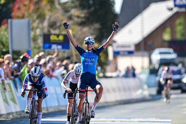 Italian Azzurra Ballan celebrates as she crosses the finish line to win the junior women Road Race race (66,3 km) at the cycling UEC Road European Championships, in Ljubljana, Slovenia Sunday 4 October 2026. The UEC Road European Championships are taking place from 02 to 07 October in Ljubljana, Slovenia. DAVIDxPINTENS  x188683260x