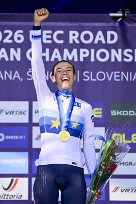 UEC 2026 Road European Championships Ljubljana 04 10 2026 LJUBLJANA, SLOVENIA - OCTOBER 04 : Ballan Azzurra (ITA) pictured during the podium ceremony after the Women Junior cycling road race at the 2026 UEC Road European Championships, an UCI Continental Championships cycling race of 66,3 km with start and finish in Sencur on October 4, 2026 in Ljubljana, Slovenia, 04 10 2026 Ljubljana Slovenia  Copyright: xJanxDexMeuleneirx