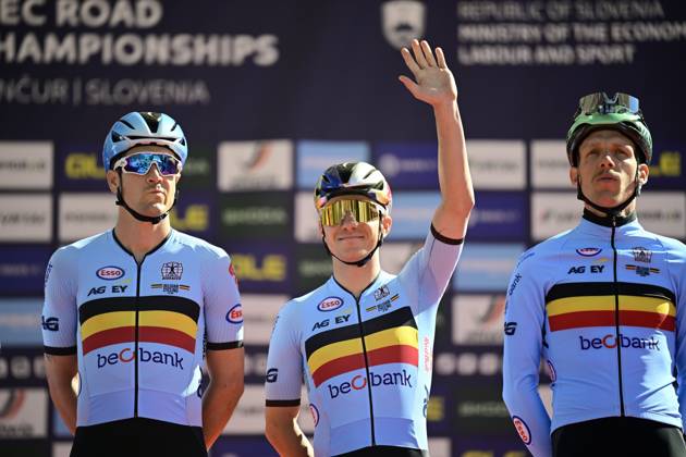 UEC 2026 Road European Championships Ljubljana 04 10 2026 LJUBLJANA, SLOVENIA - OCTOBER 04 : Vervaeke Louis (BEL), Evenepoel Remco (BEL) and De Pestel Sander (BEL) pictured during the teams presentations before the Men Elite cycling road race at the 2026 UEC Road European Championships Ljubljana, an UCI Continental Championships cycling race of 196,3 km with start in Ljubljana and finish in Sencur on October 4, 2026 in Ljubljana, Slovenia, 04 10 2026 Ljubljana Slovenia  Copyright: xJanxDexMeuleneirx