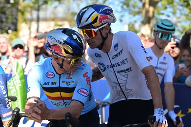 Belgium s Remco Evenepoel and Slovenia s Primoz Roglic pictured during the elite men Road Race race (196,2 km) at the cycling UEC Road European Championships, in Ljubljana, Slovenia Sunday 4 October 2026. The UEC Road European Championships are taking place from 02 to 07 October in Ljubljana, Slovenia. DAVIDxPINTENS  x188689306x