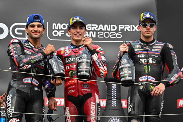 MOTO - MOTO GP - GRAND PRIX OF JAPAN 2026 MARQUEZ Marc (spa), Ducati Lenovo Team, Ducati Desmosedici GP26, podium, portrait with MARTIN Jorge (spa), Aprilia Racing, Aprilia RS-GP26 and BEZZECCHI Marco (ita), Aprilia Racing, Aprilia RS-GP26 during the 2026 MotoGP Motul Grand Prix of Japan on the Twin Ring Motegi Circuit from October 2 to 4th, At Motegi, Japan - MotegiJapan Copyright: xGIGIxSOLDANOx