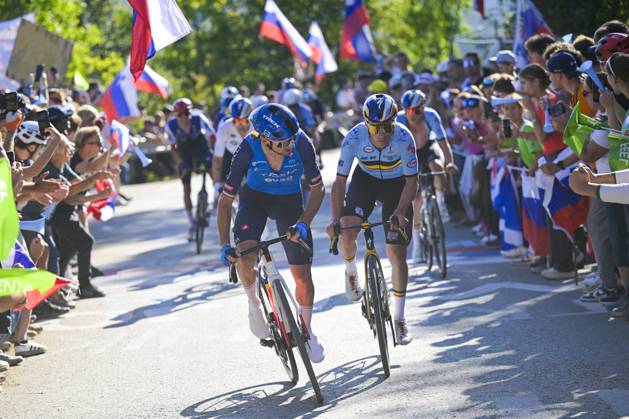 UEC 2026 Road European Championships Ljubljana 04 10 2026 LJUBLJANA, SLOVENIA - OCTOBER 04 : Ciccone Giulio (ITA) and Evenepoel Remco (BEL) in action during the Men Elite cycling road race at the 2026 UEC Road European Championships Ljubljana, an UCI Continental Championships cycling race of 196,3 km with start in Ljubljana and finish in Sencur on October 4, 2026 in Ljubljana, Slovenia, 04 10 2026 Ljubljana Slovenia  Copyright: xIvanxBenedettox