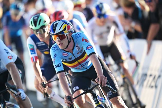 Belgium s Maxim Van Gils pictured in action during the elite men Road Race race (196,2 km) at the cycling UEC Road European Championships, in Ljubljana, Slovenia Sunday 4 October 2026. The UEC Road European Championships are taking place from 02 to 07 October in Ljubljana, Slovenia. DAVIDxPINTENS  x188706421x
