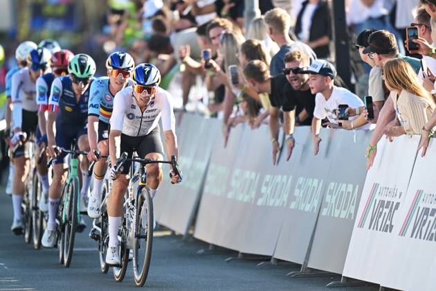 Belgium s Maxim Van Gils and Slovenia s Primoz Roglic pictured in action during the elite men Road Race race (196,2 km) at the cycling UEC Road European Championships, in Ljubljana, Slovenia Sunday 4 October 2026. The UEC Road European Championships are taking place from 02 to 07 October in Ljubljana, Slovenia. DAVIDxPINTENS  x188706520x