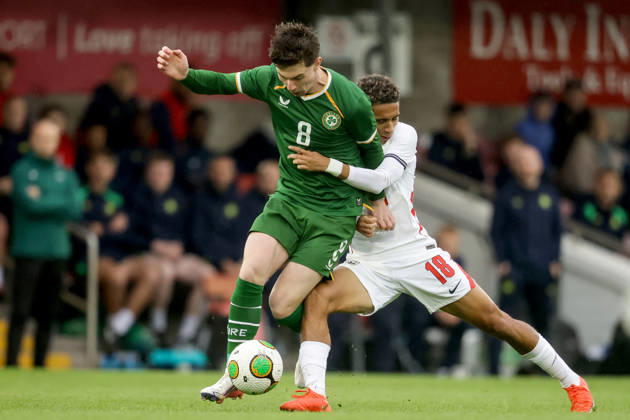 2027 UEFA Under 21 European Qualifier, Munster FA Turner s Cross, Cork 6 10 2026 Republic of Ireland vs England Ireland s Jamie Mullins is tackled by England s Josh King Jamie Mullins is tackled by Josh King 6 10 2026 Copyright: xx AC019899