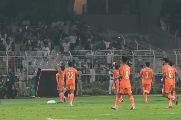 KOLKATA, INDIA - OCTOBER 6: Anirudh Thapa of India celebrates the goal against Uruguay during FIFA International Friendly, Länderspiel, Nationalmannschaft match at Vivekananda Yuva Bharati Stadium on October 6, 2026 in Kolkata, India. (Photo by Samir Jana Hindustan Times) India Vs Uruguay FIFA International Friendly Match At Salt Lake Stadium Kolkata
