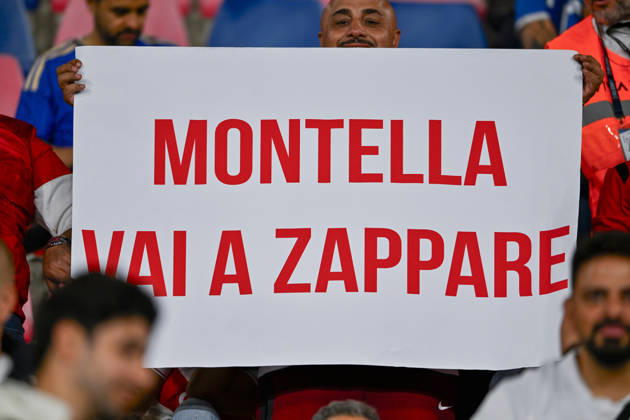 IPA89393503 - A Turkey fan holding a banner protesting Turkey s head coach, Vincenzo Montella, during the Italy vs. Turkey UEFA Nations League soccer match in Bologna, Italy, on October 5, 2026  Copyright: xLisaxGuglielmi IPAxSportx xx IPA89393503