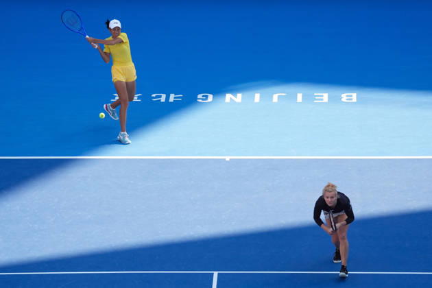 (261007) -- BEIJING, Oct. 7, 2026 -- Katerina Siniakova Zhang Shuai (L) compete during the women s doubles round of 16 match between Katerina Siniakova(the Cezch Republic) Zhang Shuai(China) and Nikola Bartunkova(the Cezch Republic) Maja Chwalinska(Poland) at 2026 China Open tennis tournament in Beijing, China, Oct. 7, 2026. ) (SP)CHINA-BEIJING-TENNIS-CHINA OPEN-WOMEN S DOUBLES (CN) JuxHuanzong 
