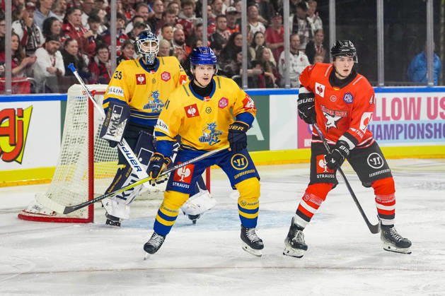 Eishockey CHL 5. Spieltag Kölner Haie - Herning Blue Fox am 07.10.2026 in der Lanxess Arena in Köln Jänis Fecers ( Herning ), links - Mads Skov Larsen ( Herning ), mitte - Kevin Niedenz ( Köln ), rechts