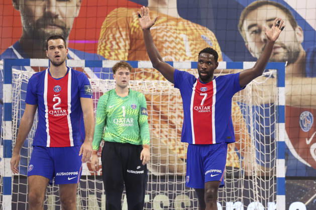 HANDBALL : Paris Saint Germain Vs Celje - Ligue des Champions - 07 10 2026 Mateo Maras (Paris Saint-Germain) - Karl Konan (Paris Saint-Germain) - Mikkel Lovkvist (Paris Saint-Germain) ParisFrance  Copyright: xMichaelxBaucherx