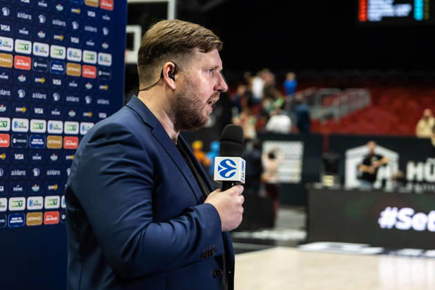 07.10.2026, GER, BKT Eurocup, Basketball, Chemnitz, Niners Chemnitz - Neptunas Klaipeda Gediminas Petrauskas (Coach Neptunas Klaipeda) beim Interview Chemnitz Messe Chemnitz Sachsen Deutschland
