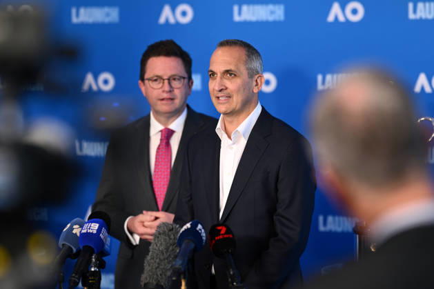 TENNIS AUSTRALIAN OPEN LAUNCH, Victorian Minister for Major Events Anthony Carbines (left) and Tennis Australia CEO Andrew Abdo speak during the launch of the 2027 Australian Open tennis tournament, in Melbourne, Thursday, October 8, 2026. ( NO ARCHIVING MELBOURNE VICTORIA Australia  Copyright: xJOELxCARRETTx 20261008119195653065