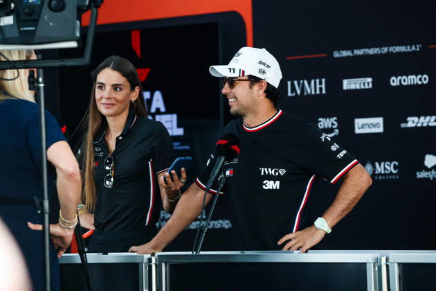 F1 - SINGAPORE GRAND PRIX 2026 PEREZ Sergio (mex), Cadillac F1 Team MAC-26, portrait with India de la Fressange, communications manager at Cadillac F1 Team during an interview lduring the 2026 Formula 1 Singapore Grand Prix, 17th round of the 2026 Formula One World Championship, WM, Weltmeisterschaft from October 9 to 11, 2026 on the Marina Bay Street Circuit, in Singapore, Singapore - SingaporeSingapore  Copyright: xFLORENTxGOODENx
