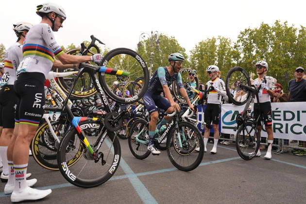 Riders bid farewell to Damiano Caruso for the final race of his career during the 110th edition of the Gran Piemonte 2026 a 185 km one day race from Asti to Bra on October 08, 2026, Italy.  Copyright: xFabioxFerrari LaPressex