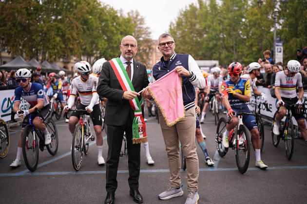 The flag for the start of the race during the 110th edition of the Gran Piemonte 2026 a 185 km one day race from Asti to Bra on October 08, 2026, Italy.  Copyright: xMarcoxAlpozzi LaPressex