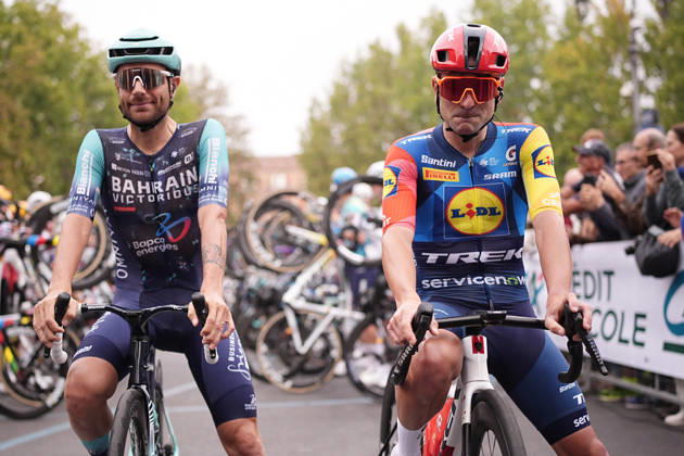 Last race for Italy s Jacopo Mosca of Lidl-Trek and Italy s Damiano Caruso of Bahrain Victorious during the 110th edition of the Gran Piemonte 2026 a 185 km one day race from Asti to Bra on October 08, 2026, Italy.  Copyright: xMarcoxAlpozzi LaPressex
