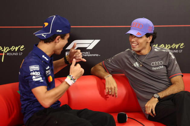 F1 Singapore Grand Prix 2026 Previews Lando Norris of McLaren and Gabriel Bortoleto of Audi during the press conference, PK, Pressekonferenz ahead of the Formula 1 Singapore Grand Prix at Marina Bay Street Circuit in Singapore on October 8, 2026. Singapore Singapore  Copyright: xJakubxPorzyckix originalFilename:porzycki-f1singap261008_np1w1.jpg