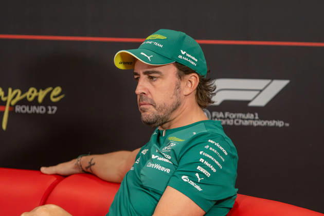 RECORD DATE NOT STATED 8th October 2026; Marina Bay, Singapore; Formula 1, Singapore Grand Prix, Arrival Day; Fernando Alonso (14) of Spain and Aston Martin Aramco Formula One Team at the drivers press conference, PK, Pressekonferenz DavidxAsh