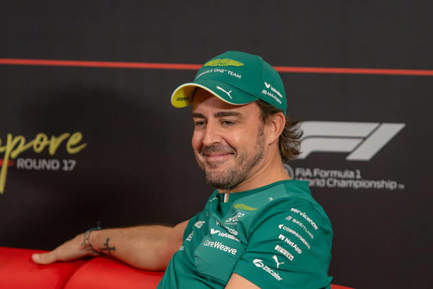 RECORD DATE NOT STATED 8th October 2026; Marina Bay, Singapore; Formula 1, Singapore Grand Prix, Arrival Day; Fernando Alonso (14) of Spain and Aston Martin Aramco Formula One Team at the drivers press conference, PK, Pressekonferenz DavidxAsh