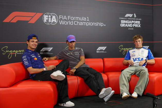 Drivers press conference, PK, Pressekonferenz ahead of 2026 Formula 1 Singapore Grand Prix SINGAPORE - OCTOBER 8: (From left to right) McLaren s British driver Lando Norris, Audi F1 Team s Brazilian driver Gabriel Bortoleto, and Racing Bulls New Zealand driver Liam Lawson attend a drivers press conference ahead of the Formula 1 Singapore Grand Prix at the Marina Bay Street Circuit in Singapore on October 08, 2026. Daniel Ceng Anadolu Singapore City Singapore. Editorial use only. Please get in touch for any other usage.  Copyright: x2026xAnadoluxDanielxCengx