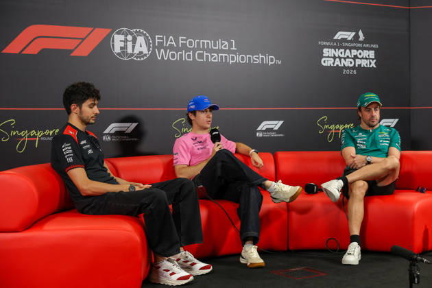 Drivers press conference, PK, Pressekonferenz ahead of 2026 Formula 1 Singapore Grand Prix SINGAPORE - OCTOBER 8: (From left to right) Haas F1 Team s French driver Esteban Ocon, Alpine s Argentine driver Franco Colapinto and Aston Martin s Spanish driver Fernando Alonso attend a drivers press conference ahead of the Formula 1 Singapore Grand Prix at the Marina Bay Street Circuit in Singapore on October 08, 2026. Daniel Ceng Anadolu Singapore City Singapore. Editorial use only. Please get in touch for any other usage.  Copyright: x2026xAnadoluxDanielxCengx