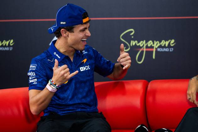 NORRIS Lando (gbr), McLaren F1 Team MCL40, portrait F1 GP 17 Singapore 2026 F1 GP 17 Singapore 2026 NORRIS Lando (gbr), McLaren F1 Team MCL40, portrait, pre-event press conference, PK, Pressekonferenz during the 2026 Formula 1 Singapore Grand Prix, 17th round of the 2026 Formula One World Championship, WM, Weltmeisterschaft from October 9 to 11, 2026 on the Marina Bay Street Circuit, in Singapore, Singapore - Photo Julien Delfosse DPPI Singapore