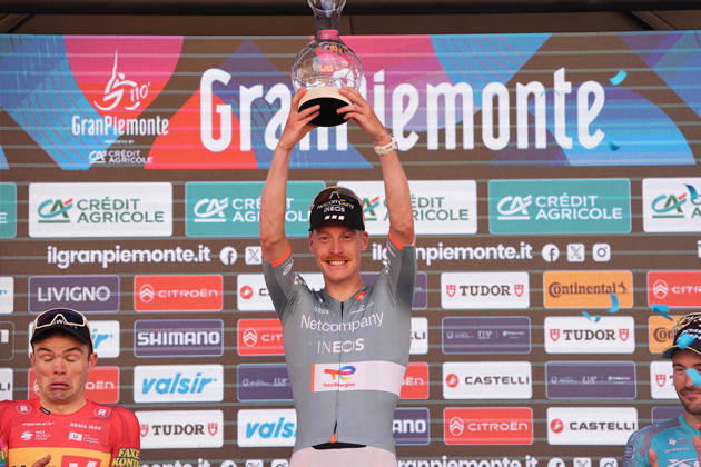 France s Dorian Godon of Netcompany INEOS winner of the race on the podium after the 110th edition of the Gran Piemonte 2026 a 185 km one day race from Asti to Bra on October 08, 2026, Italy. Copyright: xMarcoxAlpozzi LaPressex