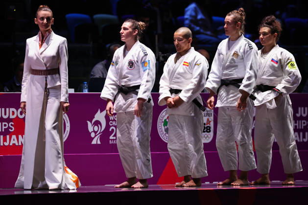 AZERBAIJAN, BAKU - OCTOBER 8, 2026: 2nd placed Giovanna Scoccimarro of Germany, 1st placed Ai Tsunoda Roustant of Spain, 3rd placed Michaela Polleres of Austria and Madina Taimazova of Russia are pictured during an award ceremony for the women s -70 kg category as part of the 2026 World Judo Championships at the National Gymnastics Arena 2026 World Judo Championships In Baku  - ZUMAt113 20261008_zaa_t113_540 Copyright: xMikhailxSinitsynx