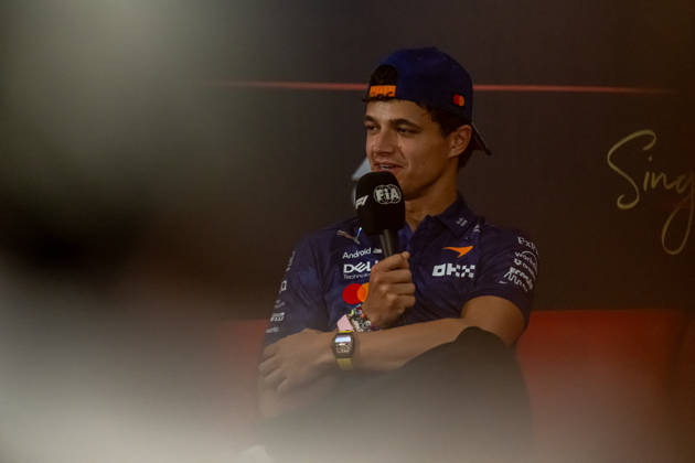 MARINA BAY, SINGAPORE: Lando Norris, racing for the McLaren F1 team during the 2026 Formula 1 Singapore Grand Prix at the Marina Bay Street Circuit in Marina Bay, Singapore
