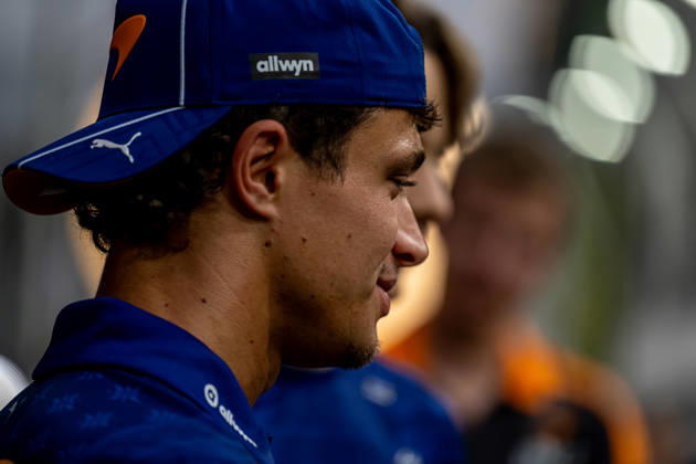 MARINA BAY, SINGAPORE: Lando Norris, racing for the McLaren F1 team during the 2026 Formula 1 Singapore Grand Prix at the Marina Bay Street Circuit in Marina Bay, Singapore