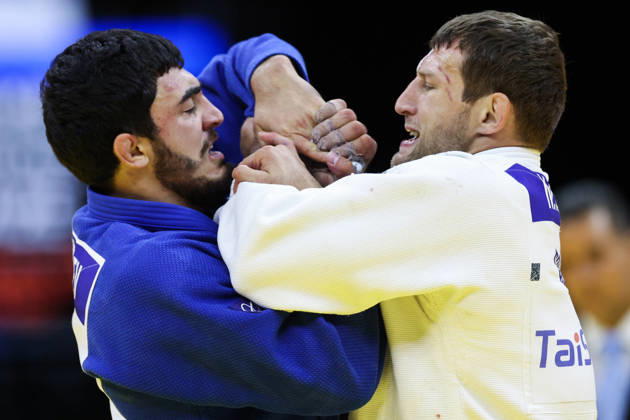 AZERBAIJAN, BAKU - OCTOBER 8, 2026: Murad Fatiyev (L) of Azerbaijan and Nemanja Majdov of Serbia compete in their -90 kg bout as part of the 2026 World Judo Championships at the National Gymnastics Arena. Mikhail Sinitsyn TASS  98958139