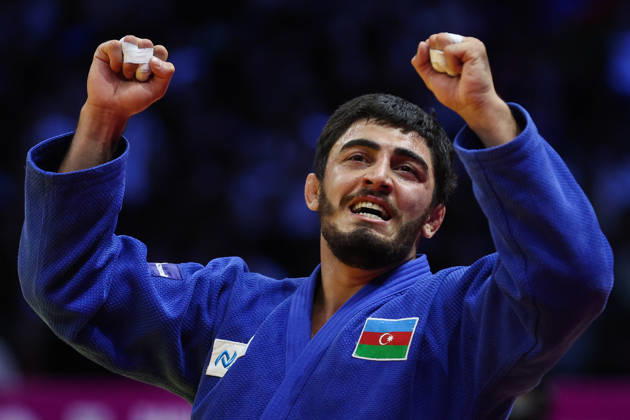 AZERBAIJAN, BAKU - OCTOBER 8, 2026: Murad Fatiyev of Azerbaijan celebrates his victory after a -90 kg bout against Nemanja Majdov of Serbia as part of the 2026 World Judo Championships at the National Gymnastics Arena. Mikhail Sinitsyn TASS 98958147
