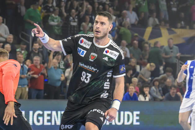 im Bild v.l.: Mijajlo Marsenic (Fuechse Berlin, 93), Tor, Treffer, Jubel, Torjubel, Freude, Begeisterung, feiert, GER, Berlin, Handball, Füchse Berlin vs FC Porto, EHF Champions League, 3. Spieltag der Gruppe A , in der Max Schmeling Halle, Am Falkplatz 1, 08.10.2026, Copyright: HMBxMedia UwexKoch