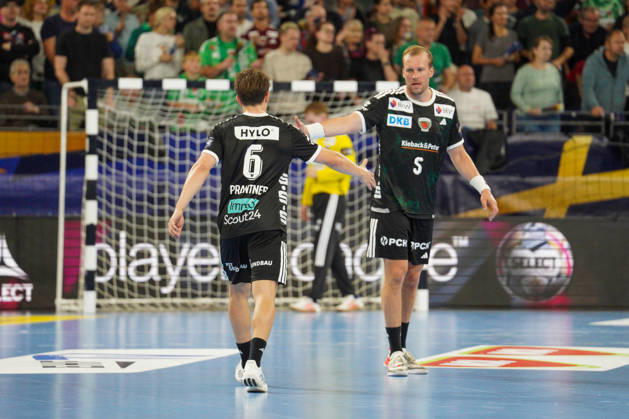 Im Bild: Leo Prantner (Fuechse Berlin, 6), Max Darj (Fuechse Berlin, 5), Jubel, Freude 08.10.2026, Fuechse Berlin - FC Porto, EHF Handball Champions League, Saison 2026 27, Max-Schmeling-Halle Copyright: HMBxMedia xPascalxSpanehl
