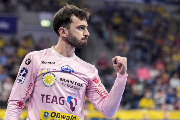 Matija Spikic (Torwart, ThSV, 1), Einzelbild, Einzelfoto, Aktion, Action, Jubel, jubeln, jubelt, celebration, Freude, freuen, freut sich, zuversichtlich, optimistisch, positiv, Spielszene, 08.10.2026, Mannheim (Deutschland), Handball, Bundesliga, Rhein-Neckar Löwen - ThSV Eisenach