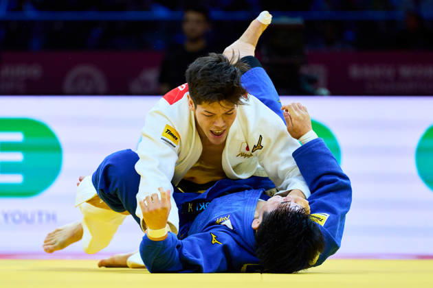 (Top-Bottom) Sanshiro Murao (JPN), Goki Tajima (JPN), OCTOBER 8, 2026 -Judo : World Judo Championships BAKU2026 Mens -90kgFinal match at National Gymnastics Arena in Baku, Azerbaijan.  aflo_354330789 KenxAsakurax