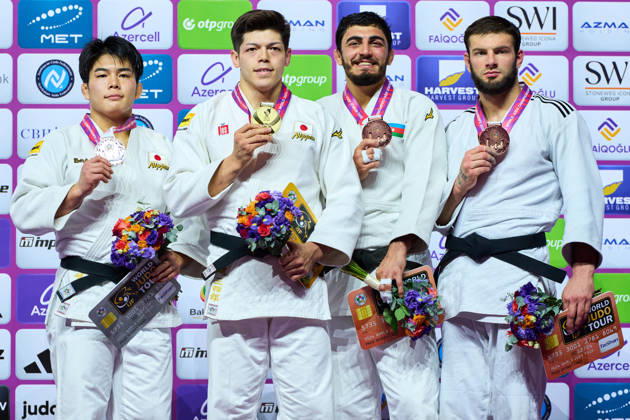 (L-R) Goki Tajima (JPN), Sanshiro Murao (JPN), Fatiyev Murad (AZE), Rutovic Boris (SRB), OCTOBER 8, 2026 -Judo : World Judo Championships BAKU2026 Mens -90kgMedal Ceremony at National Gymnastics Arena in Baku, Azerbaijan.  aflo_354330840 KenxAsakurax