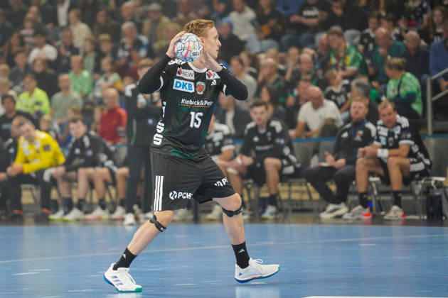 Im Bild: Tobias Grondahl (Fuechse Berlin, 15) am Ball 08.10.2026, Fuechse Berlin - FC Porto, EHF Handball Champions League, Saison 2026 27, Max-Schmeling-Halle Copyright: HMBxMedia xPascalxSpanehl