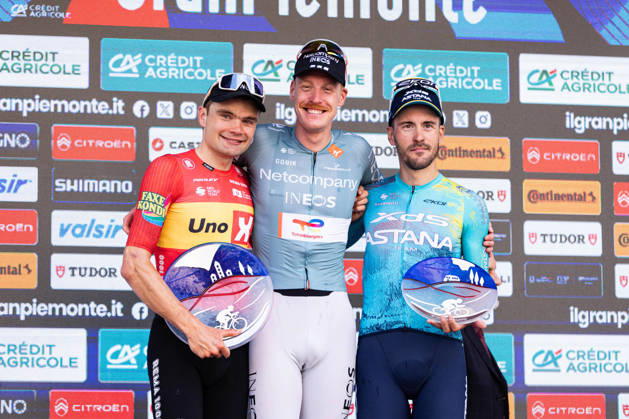 110th Gran Piemonte - Finish The podium of the 110th Gran Piemonte, a 181km stage from Asti to Bra, in Italy, on October 8, 2026; from left Anthon Charmig of Uno-X Mobility, Dorian Godon of Netcompany Ineos and Alberto Bettiol of XDS Astana Team Bra Italy  Copyright: xTommasoxBerardix originalFilename:berardi-110thgra261008_npvyv.jpg