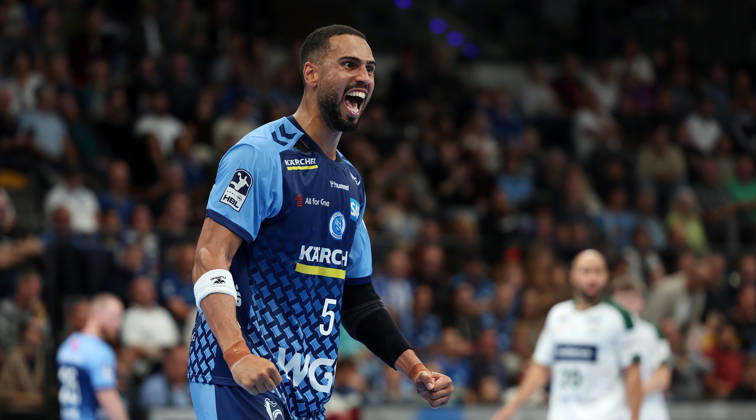 2026.10.08 Deutschland, Stuttgart Handball TVB Stuttgart vs. HSG Wetzlar, Philipp Ahouansou (TVB) jubelt und ballt die Fäuste