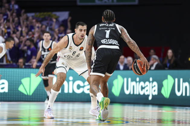 October 8, 2026, Madrid, Madrid, Spain: Alberto Abalde of Real Madrid and Carlik Jones of Partizan Mozzart Bet Belgrade in action during the Euroleague Basketball Regular Season Round 4 game between Real Madrid v Partizan Mozzart Bet Belgrade at Movistar Arena on October 08, 2026 in Madrid, Spain. Madrid Spain - ZUMAa181 20261008_zaa_a181_218 Copyright: xIrinaxR.xHipolitox