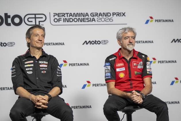 MOTO - MOTO GP - GRAND PRIX OF INDONESIA 2026 Rivola Massimo (ita), CEO Aprilia Racing, portrait with Dall Igna Luigi (ita), General Manager of Ducati Corse, presse conference during the 2026 MotoGP Pertamina Grand Prix of Indonesia on the Mandalika circuit from October 9 to 11, at West Nusa Tenggara, Indonesia - West Nusa TenggaraIndonesia  Copyright: xGIGIxSOLDANOx