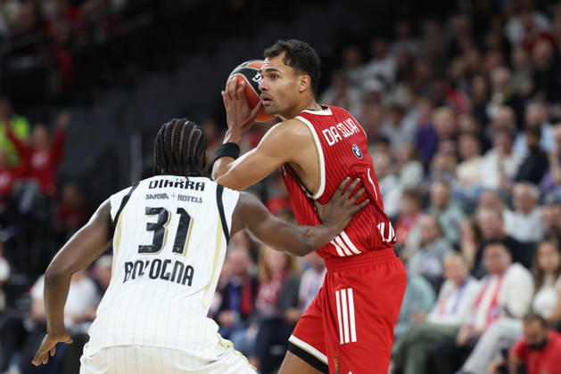 Oscar da Silva (FC Bayern Basketball, 01) mit Aliou Diarra (Virtus Bologna, 31), GER, FC Bayern Basketball vs. Virtus Bologna, Basketball, Euroleague, 4. Spieltag, Saison 2026 2027, 08.10.2026, GER, FC Bayern Basketball vs. Virtus Bologna, Basketball, Euroleague, 4. Spieltag, Saison 2026 2027, 08.10.2026 Muenchen Copyright: xEibner-Pressefoto JennixMaulx EP_JML