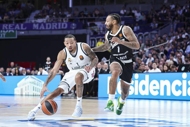October 8, 2026, Madrid, Madrid, Spain: Nick Smith Jr. of Real Madrid and Carlik Jones of Partizan Mozzart Bet Belgrade in action during the Euroleague Basketball Regular Season Round 4 game between Real Madrid v Partizan Mozzart Bet Belgrade at Movistar Arena on October 08, 2026 in Madrid, Spain. Real Madrid V Partizan Mozzart Bet Belgrade - Euroleague 2025 2026 - ZUMAa181 20261008_zaa_a181_239 Copyright: xIrinaxR.xHipolitox